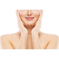 Cheek filler treatment promotion with a smiling woman gently touching her cheeks, highlighting smooth skin.