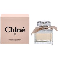 Chloé Eau de Parfum Spray 50ml with ribbed glass bottle, silver cap, and beige ribbon, next to pink box.