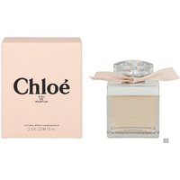 Chloé Eau de Parfum 75ml with ribbed glass bottle, silver cap, and pink ribbon beside peach box with black logo.