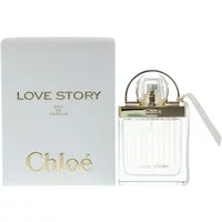Chloé Love Story Eau De Parfum 50ml, clear glass bottle with gold cap, next to white box with gold lettering.