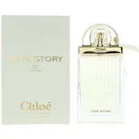 Chloé Love Story Eau De Parfum 75ml bottle with gold cap and white ribbon, next to matching white box with gold text.