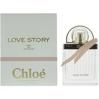 Chloé Love Story Eau De Toilette 50ml, clear bottle with gold cap and ribbon, next to white box with gold lettering.