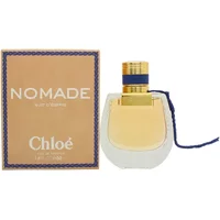 Chloé Nomade Nuit d'Egypte perfume, 50ml, in a clear curved bottle with gold cap and blue ribbon, box beside.