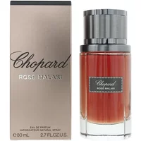 Chopard Rose Malaki Eau De Parfum 80ml, amber glass bottle with silver cap, next to matching beige box.