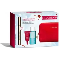 Clarins gift set with gold mascara, blue eye makeup remover, red eye lift cream, and red pouch in a festive box.
