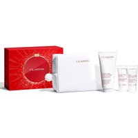Clarins Body Care Set with red box, white pouch, body lotion, hand cream, and body scrub in white tubes.