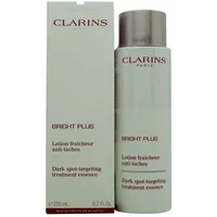 Clarins Bright Plus essence, white bottle with silver cap, next to matching box, 200ml size.