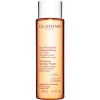 Clarins Cleansing Micellar Water 200ml in a clear cylindrical bottle with a red cap and red text.