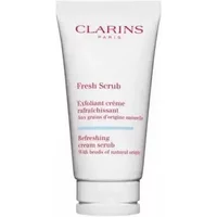 White Clarins Fresh Scrub tube, 50ml, with red and blue text, featuring a flip-top cap.