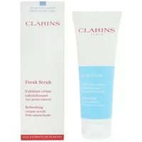 Clarins Fresh Scrub Refreshing Cream 50ml in white tube with blue label, next to matching box.