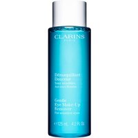 Blue Clarins Gentle Eye Make-Up Remover bottle, 125ml, with white text and a clear cap.