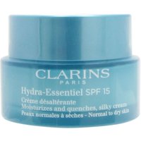 Blue jar of Clarins Hydra-Essentiel Silky Cream SPF15, 50ml, with white text and round lid.