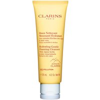Yellow tube of Clarins Hydrating Gentle Foaming Cleanser, 125ml, with red text and white cap.