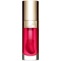 Gold-capped Clarins Lip Comfort Oil in vibrant pink shade, sleek glass bottle, 7ml size.