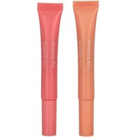 Clarins Lip Perfector Duo with pink Rose Shimmer 01 and peach Apricot Summer tubes, glossy finish.