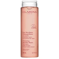 Clarins Micellar Water bottle, pink with white cap, featuring Alpine herbs label, 200ml size.