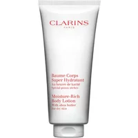 White Clarins Moisture Rich Body Lotion tube, red text, 200ml, with shea butter for dry skin.
