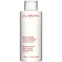 Clarins Moisture Rich Body Lotion 400ml, white bottle with red text and flip-top cap.