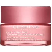 Pink Clarins Multi Active Day Cream jar with rose gold lid, labeled for dry skin, 50ml size.
