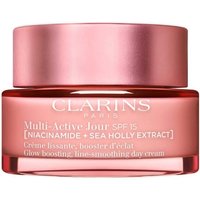 Pink Clarins Multi Active Day Face Cream jar with white text and round lid, 50ml size.