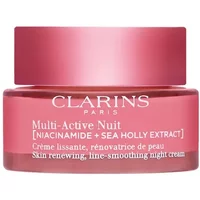 Pink jar of Clarins Multi-Active Night Cream, 50ml, with white text and silver lid.