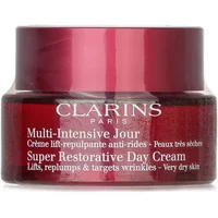 Red Clarins Multi-Intensive Jour Super Restorative Day Cream jar, 50ml, with white text and silver lid.
