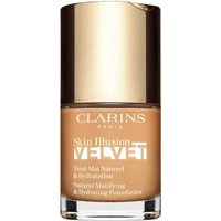 Clarins Skin Illusion Velvet Foundation 108.5W Cashew, 30 ml glass bottle with gold cap and white text.