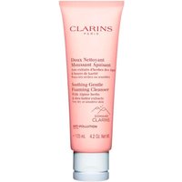 Pink tube of Clarins Soothing Gentle Foaming Cleanser, 125ml, with red text and white cap.