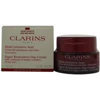 Clarins Super Restorative Day Cream 50ml in a red jar with matching box, white label and gold accents.