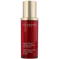Red Clarins Super Restorative Remodelling Serum bottle with gold cap, 30ml size, white text on front.
