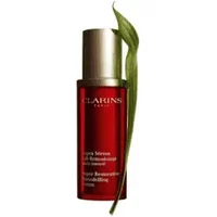 Red Clarins Super Restorative Remodelling Serum bottle, silver cap, with green leaf accent, 50ml size.