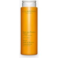 Orange Clarins Tonic Bath & Shower Gel 200ml bottle with white cap and gold text.