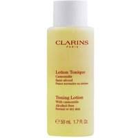 Clarins Toning Lotion with Camomile 50ml, yellow translucent bottle with red text and white cap.