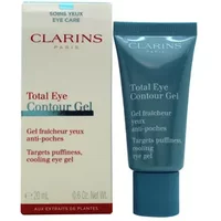 Blue tube of Clarins Total Eye Contour Gel 20ml with white and red text, next to matching product box.