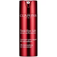 Red Clarins Total Eye Lift bottle, 15ml, with pump dispenser and white text detailing eye concentrate benefits.