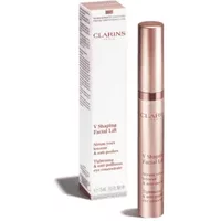 Clarins V Shaping Eye Concentrate, rose gold bottle, 15ml, with matching box displaying product details.