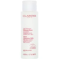 Clarins Velvet Cleansing Milk 200ml in a white cylindrical bottle with red text and a flip-top cap.
