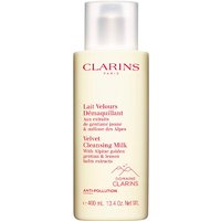 Clarins Velvet Cleansing Milk 400ml bottle, cream color with red text and white cap.