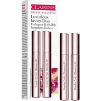 Clarins Wonder Perfect 4D mascara duo set with sleek pink tubes and floral-accented packaging.