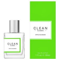 Clear glass bottle of Clean Classic Apple Blossom EDP, 30 ml, with silver cap and green-accented packaging.