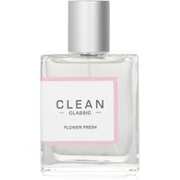 Clear square bottle of CLEAN Classic Flower Fresh Eau De Parfum with silver cap and pink-bordered label.