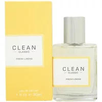 CLEAN Classic Fresh Linens Eau De Parfum 30ml, clear glass bottle with silver cap, yellow box packaging.