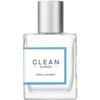 Clear glass bottle of "Clean Fresh Laundry" perfume, silver cap, minimalist label with blue border, 30 ml size.