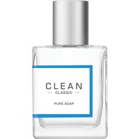 Clear rectangular bottle of Clean Pure Soap EDP 30 ml with silver cap and blue-bordered label.