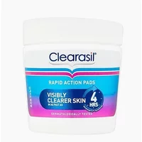 Clearasil Rapid Action Pads in a white jar with blue and pink label, promises visibly clearer skin in 4 hours.