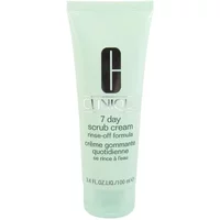Clinique 7 Day Scrub Cream, pale green tube, black logo, 100ml, rinse-off formula.
