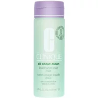 Clinique All About Clean Liquid Facial Soap Mild in a light green 200ml bottle with white cap and logo.