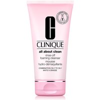 Pink tube of Clinique All About Clean Rinse-Off Foaming Cleanser, 150ml, with black text and logo.