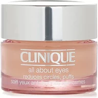Clinique All About Eyes 15ml cream in a clear jar with silver lid and white text.