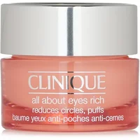 Clinique All About Eyes Rich 15ml jar with silver lid and peach-colored base, white text detailing benefits.